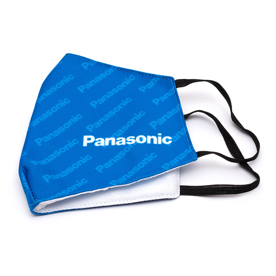 Mascarilla personalizada y sublimada de 3 capas Panasonic, fabricada y distribuida por Lanyards Perú