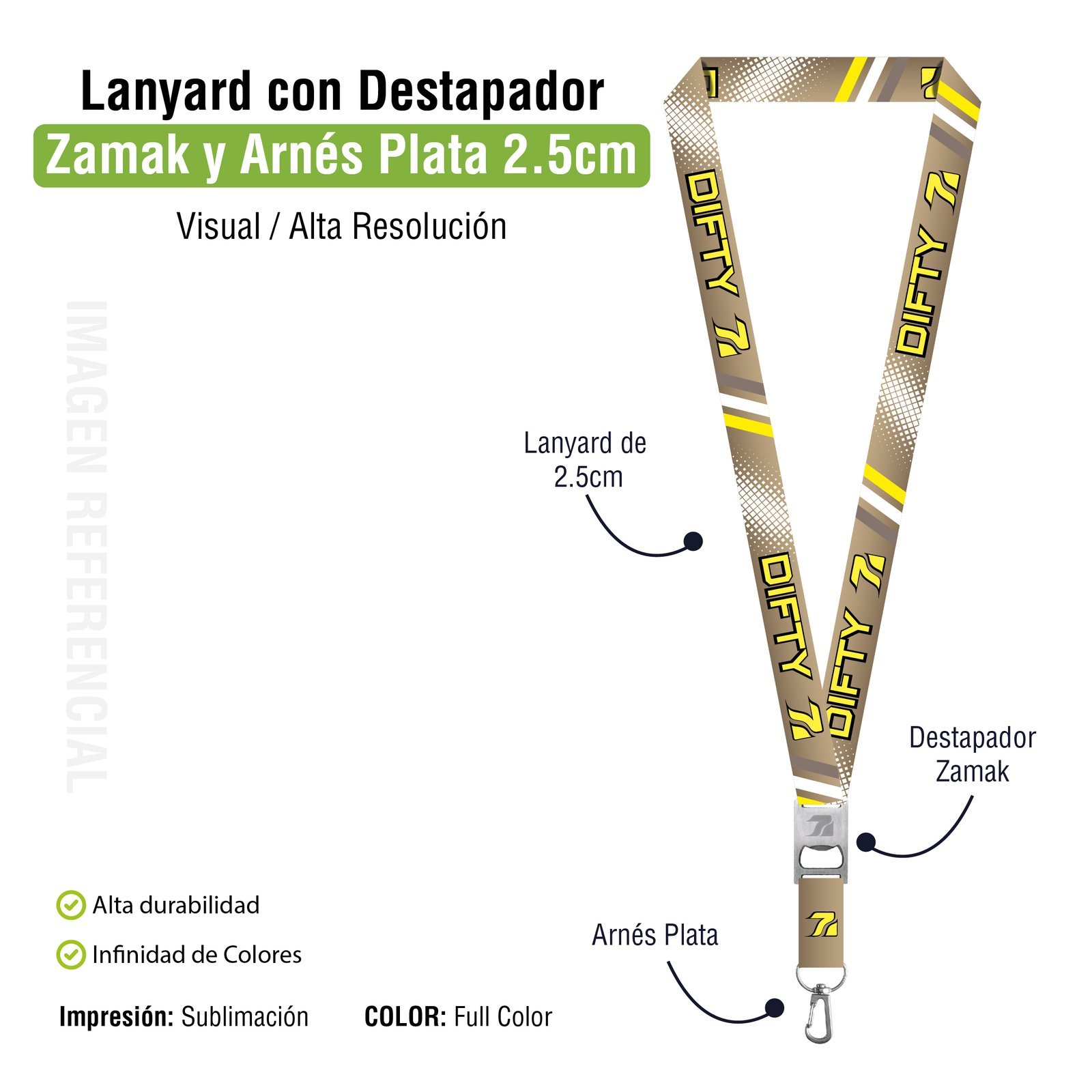 LANYARD DESTAPADOR ZAMAK BAJO RELIEVE CON ARNES METALICO PLATA 2.5CM - Imagen 6