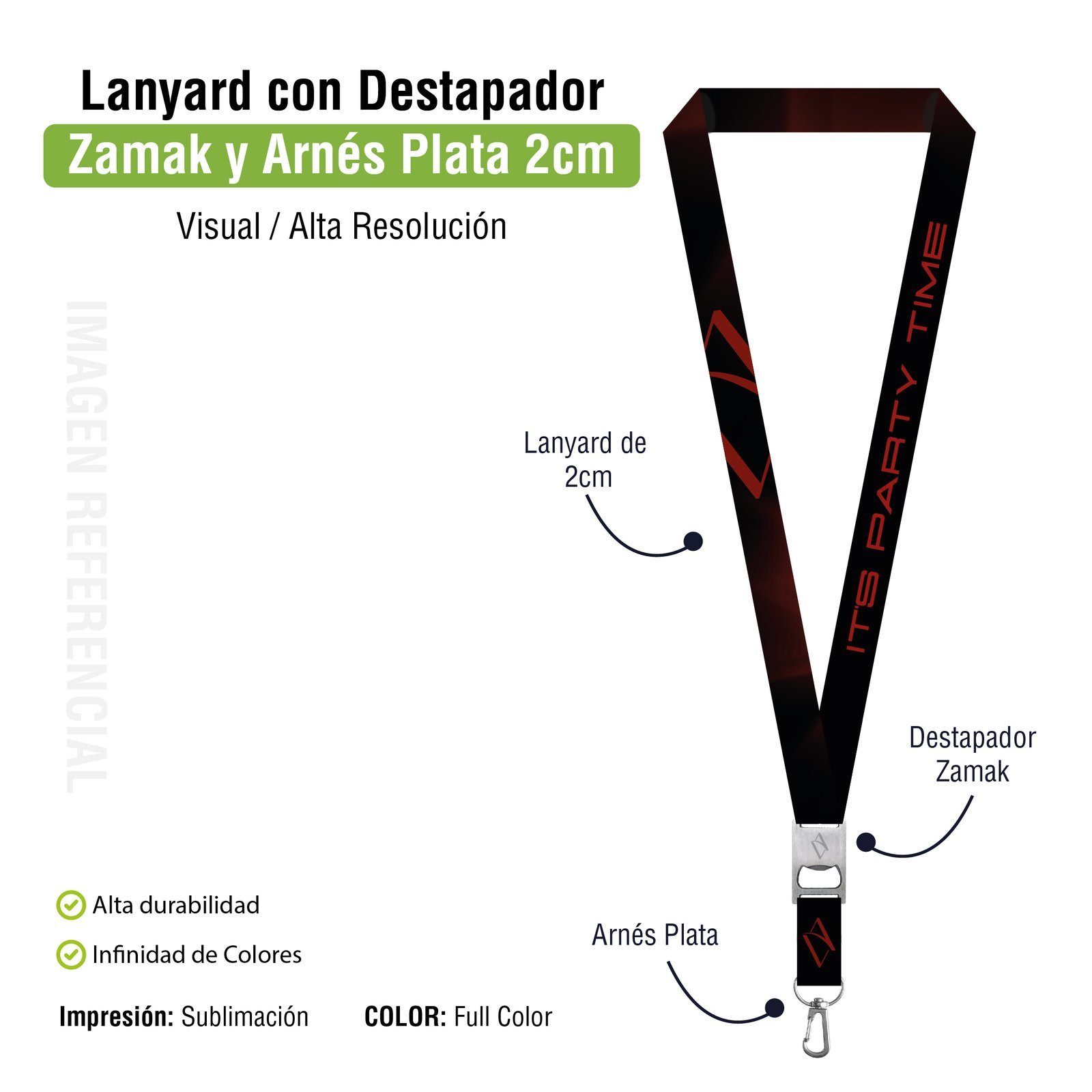 LANYARD DESTAPADOR ZAMAK BAJO RELIEVE CON ARNES METALICO PLATA 2CM - Imagen 6