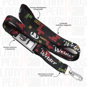 LANYARD CON DESTAPADOR ZAMAK BAJO RELIEVE Y ARNES PLATA 2CM